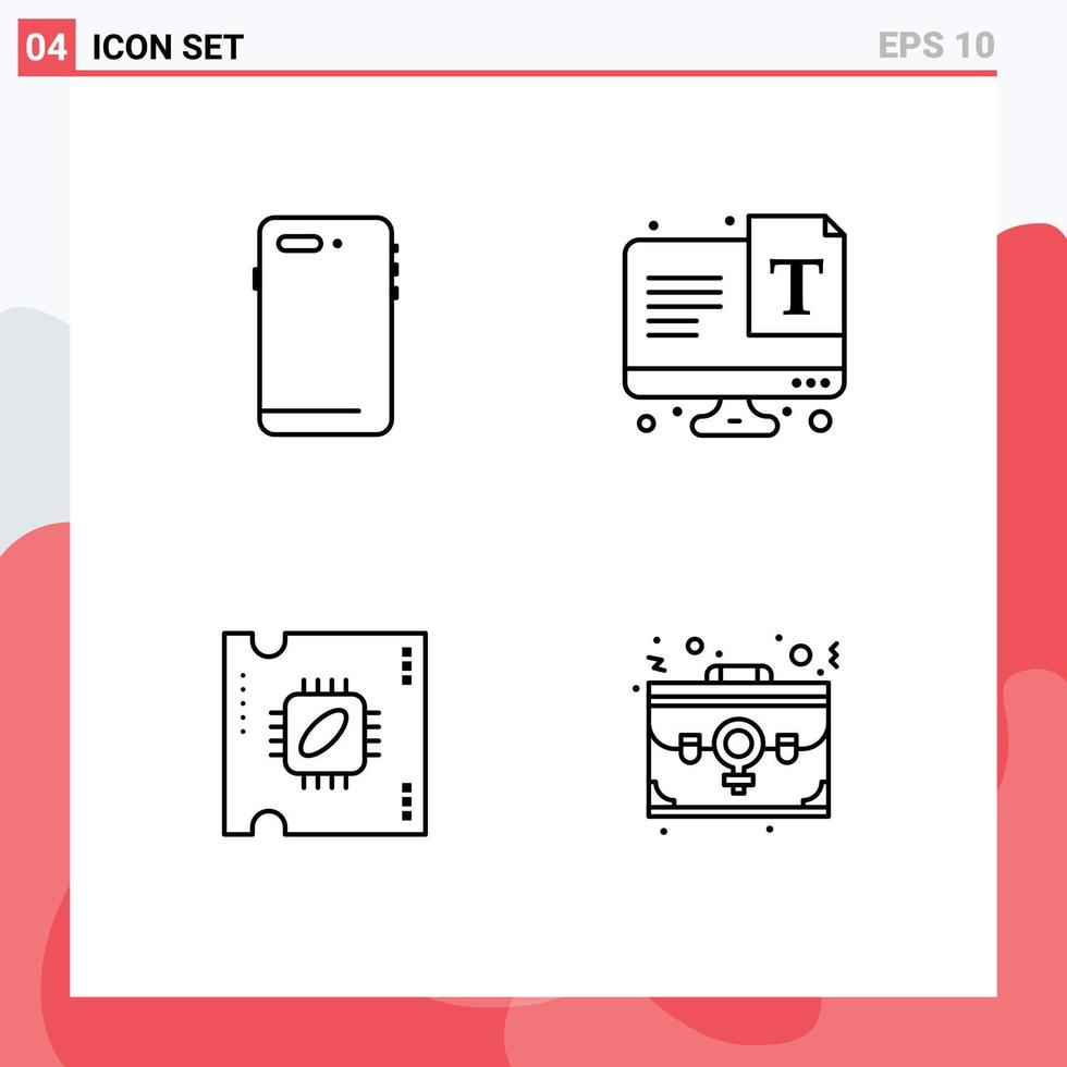 conjunto de linha de interface móvel de 4 pictogramas de elementos de design de vetor editável de processador de texto traseiro de telefone cpu