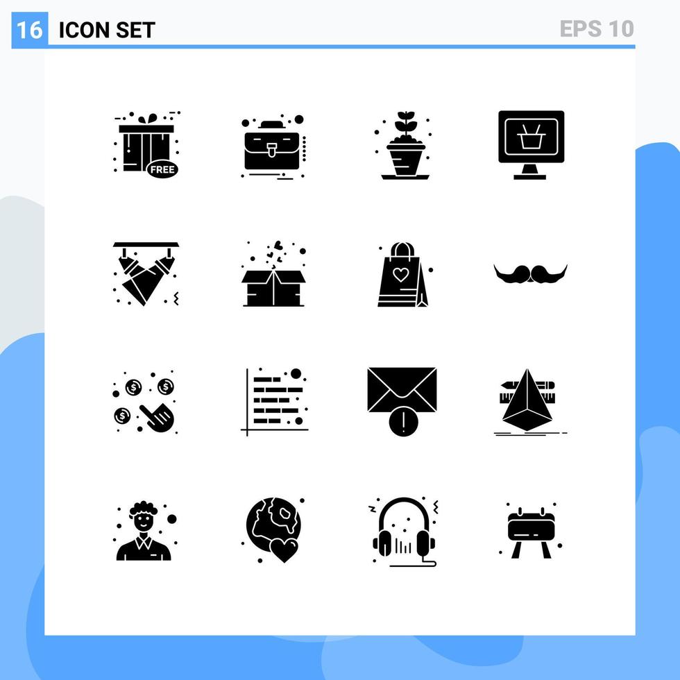 pacote de interface do usuário com 16 glifos sólidos básicos de celebração de luz carrinho de planta monitorar elementos de design vetorial editáveis vetor