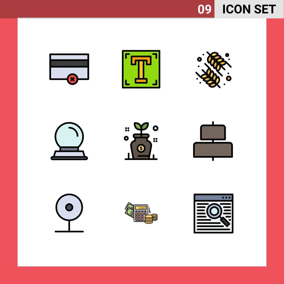 pacote de 9 sinais e símbolos modernos de cores planas de linha preenchida para mídia de impressão na web, como investimento, dieta de negócios, bola mágica, suporte de vidro, elementos de design vetorial editáveis vetor