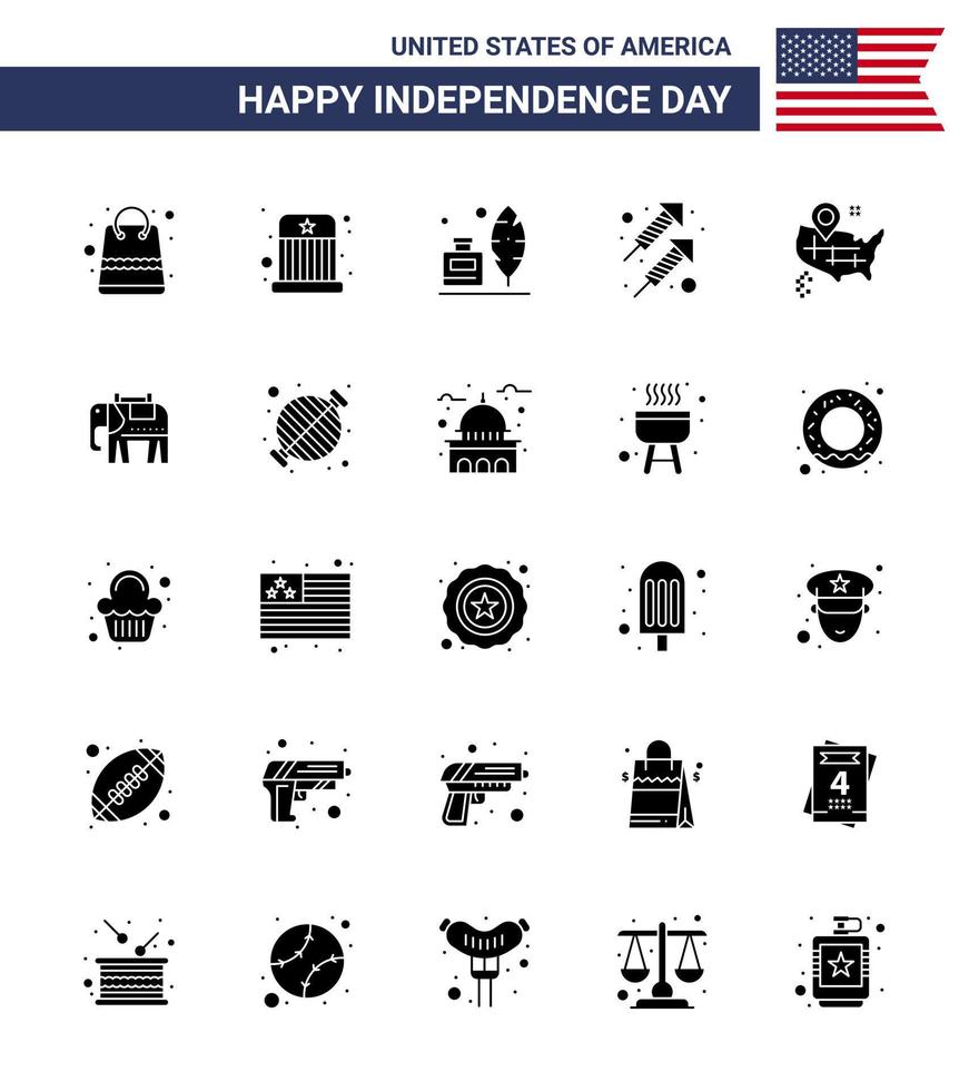 25 ícones criativos dos eua, sinais modernos de independência e símbolos de 4 de julho do mapa, celebração de fogos de artifício de adobe editáveis elementos de design vetorial do dia dos eua vetor