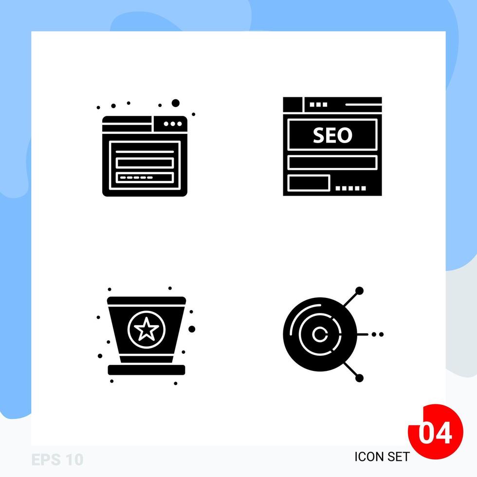 pacote moderno de 4 ícones símbolos de glifos sólidos isolados em fundo branco para design de sites criativos de fundo vetorial de ícones pretos vetor