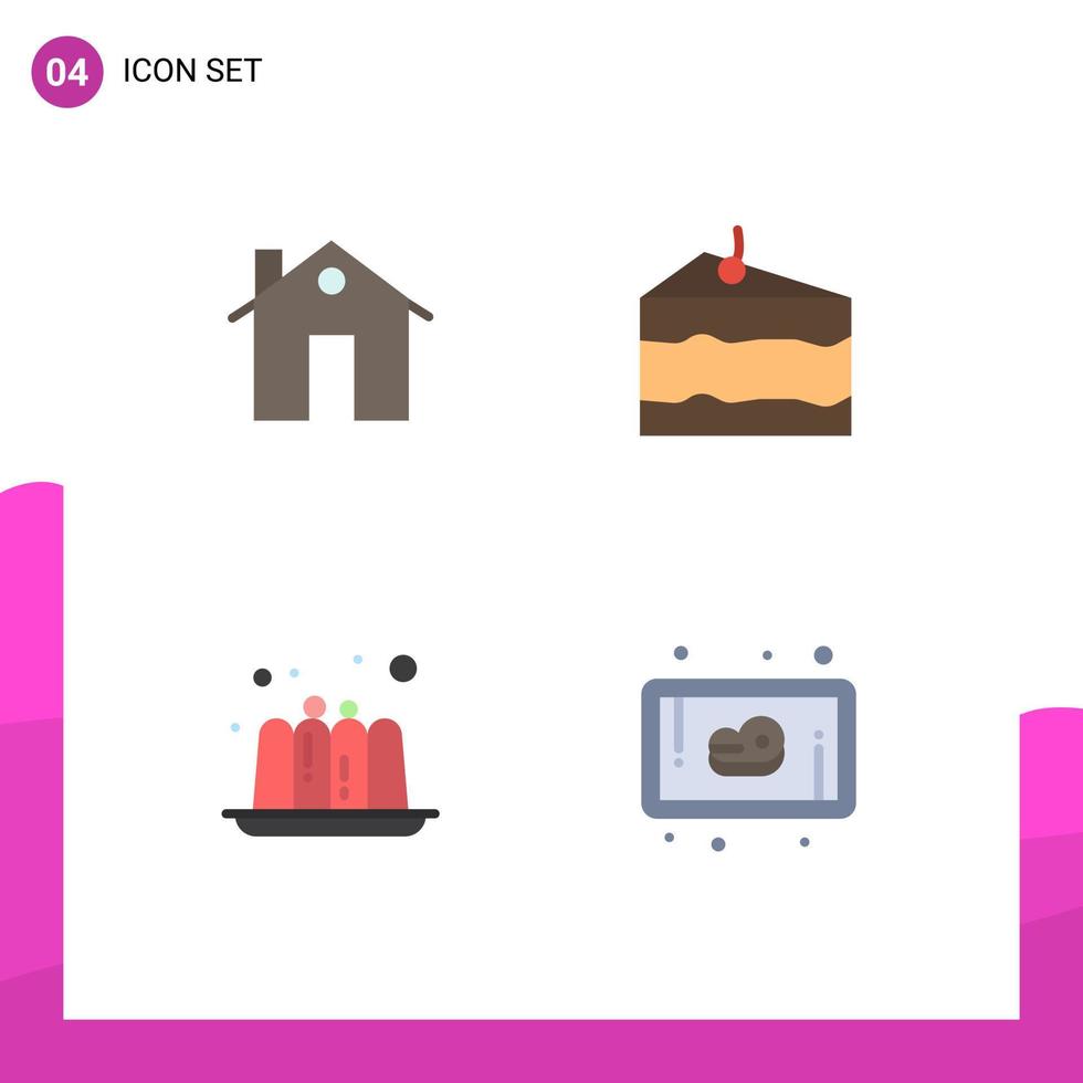 4 conceito de ícone plano para sites móveis e aplicativos abordam edifícios de bolo bebem elementos de design de vetores editáveis de geléia