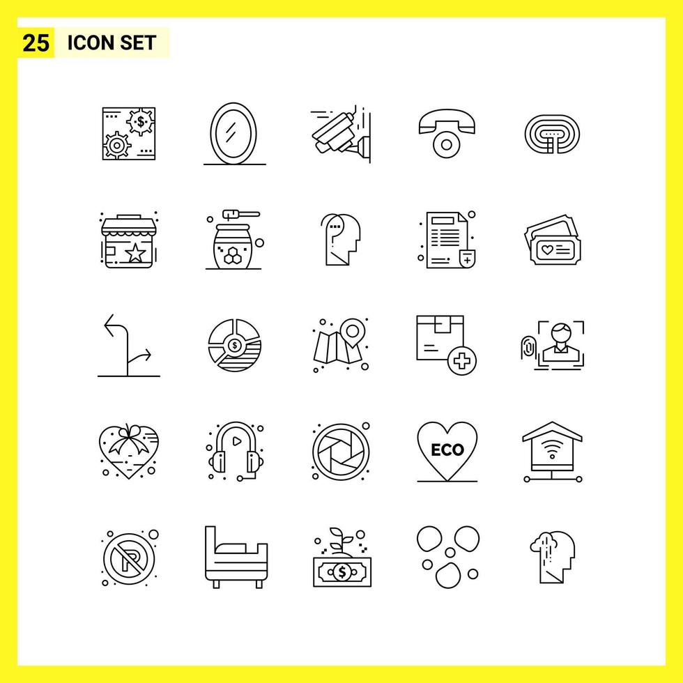 25 ícones de conjunto de símbolos de linha simples delineiam o sinal em fundo branco para aplicativos móveis de design de sites e fundo de vetor de ícone preto criativo de mídia impressa