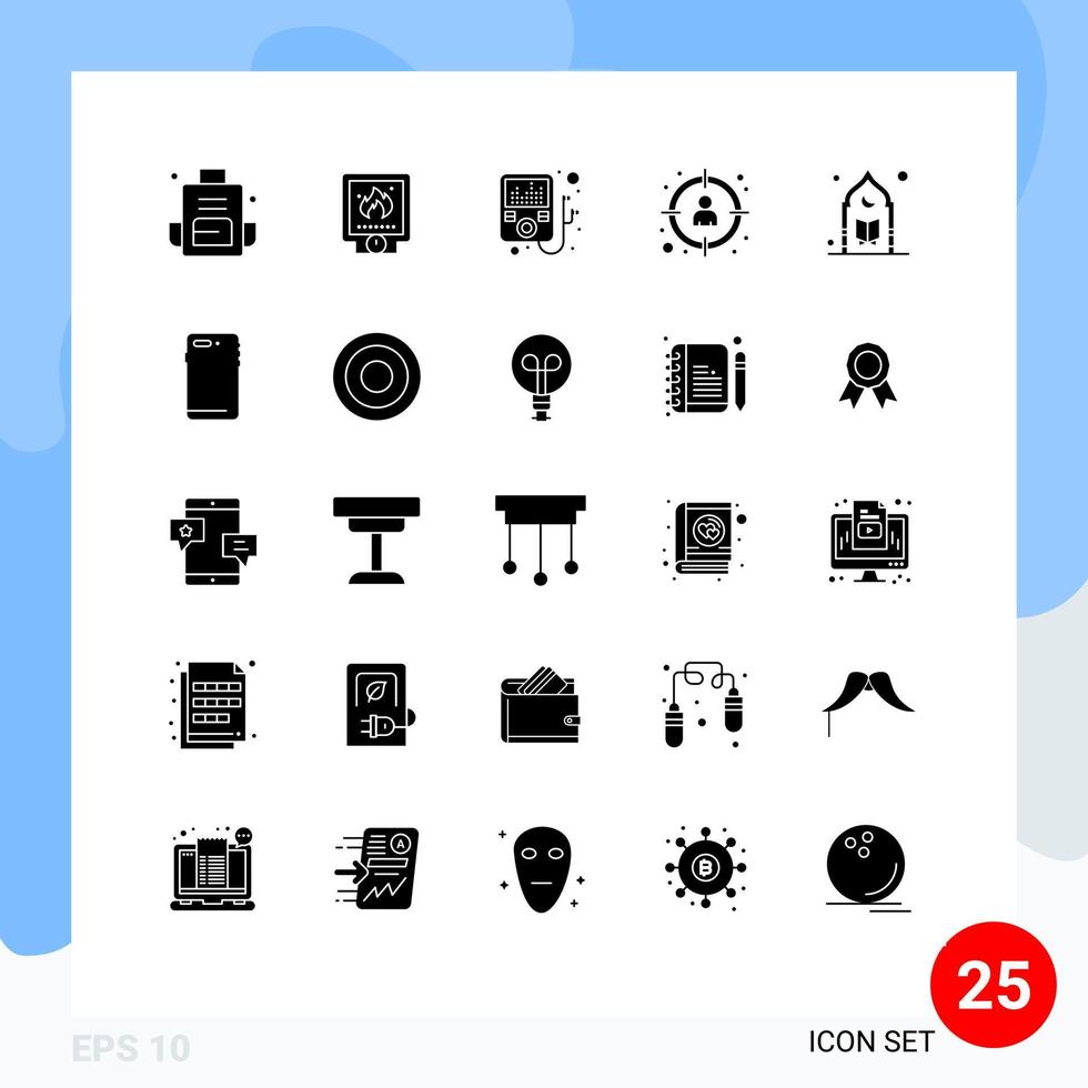 pacote de 25 sinais e símbolos de glifos sólidos modernos para mídia de impressão na web, como gerenciamento de perfil de sistema de destino islâmico, elementos de design de vetores editáveis
