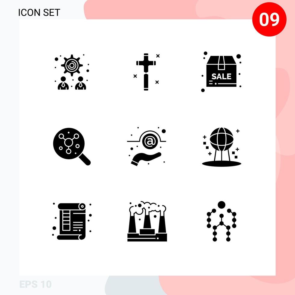 conjunto de 9 pacotes de glifos sólidos comerciais para caixa de e-mail de mão ciência átomo elementos de design de vetores editáveis