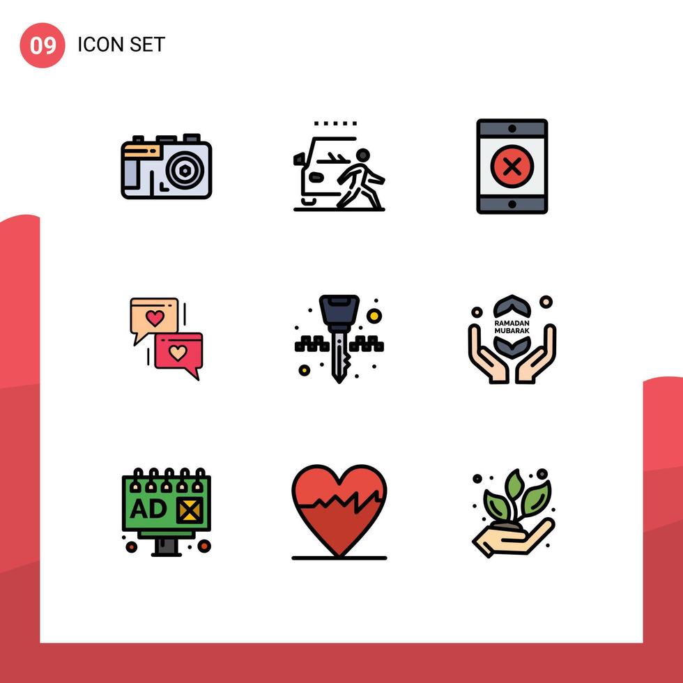 9 interface do usuário pacote de cores planas de linha cheia de sinais e símbolos modernos de chave de ignição de táxi, equipamento bloqueado, coração, elementos de design de vetores editáveis