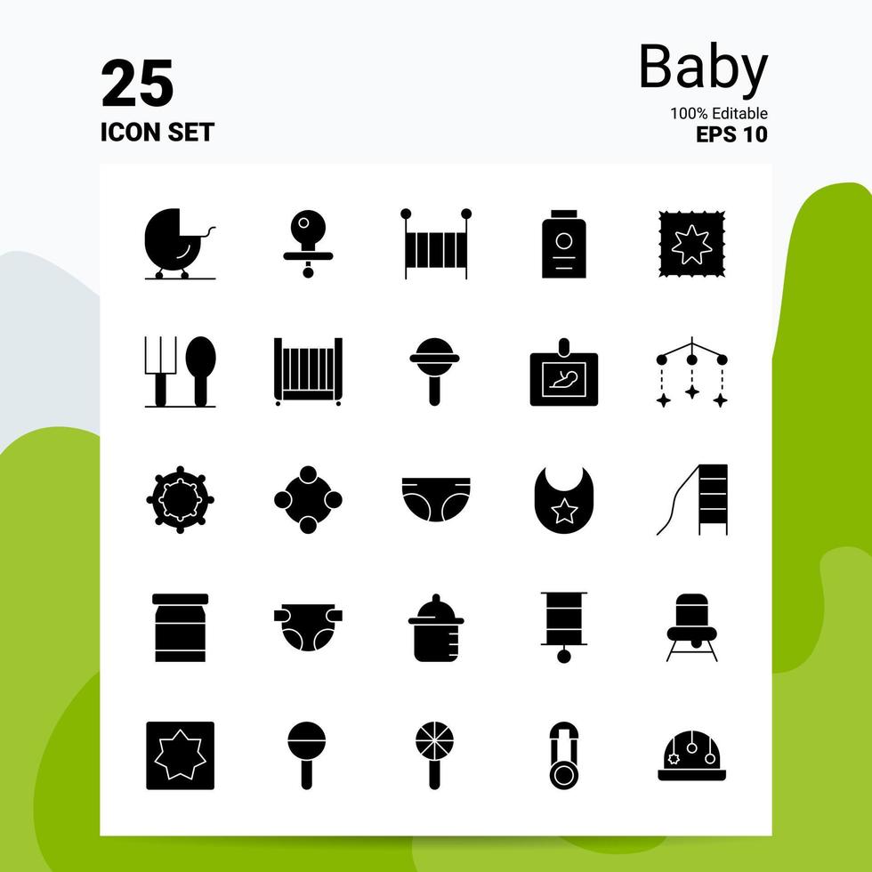 Conjunto de 25 ícones para bebês 100 eps editáveis 10 arquivos ideias de conceito de logotipo de negócios design de ícone de glifo sólido vetor