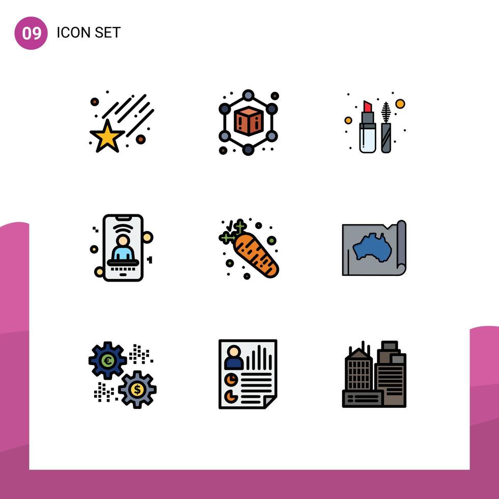 9 interface do usuário pacote de cores planas de linha cheia de sinais e símbolos modernos da austrália comida rímel dieta telefone elementos de design de vetores editáveis