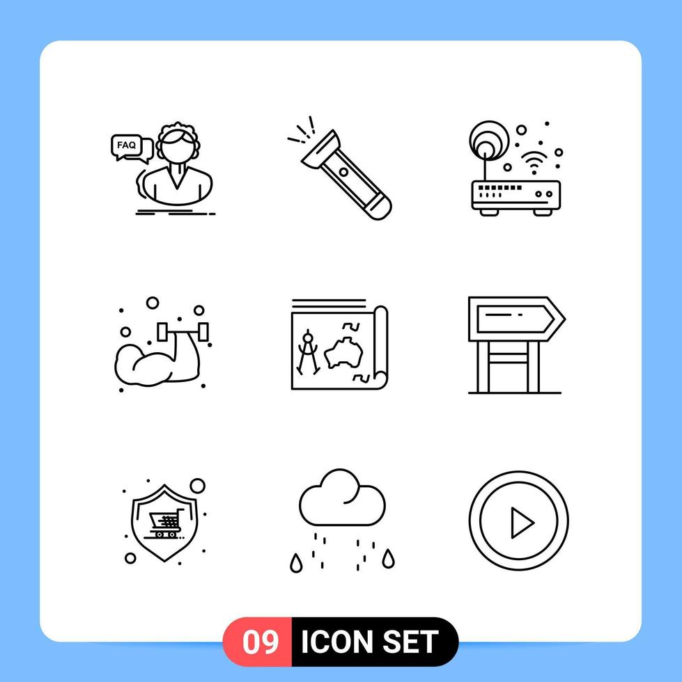 Símbolos de contorno do pacote de ícones pretos de 9 linhas para aplicativos móveis isolados em fundo branco 9 ícones definem o fundo criativo do vetor de ícones pretos