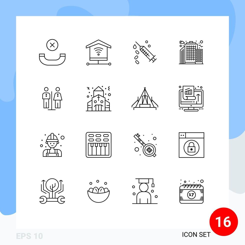 conjunto de esboço de interface móvel de 16 pictogramas de construção de elementos de design de vetores editáveis de escritório de homestay de vacina de hotel