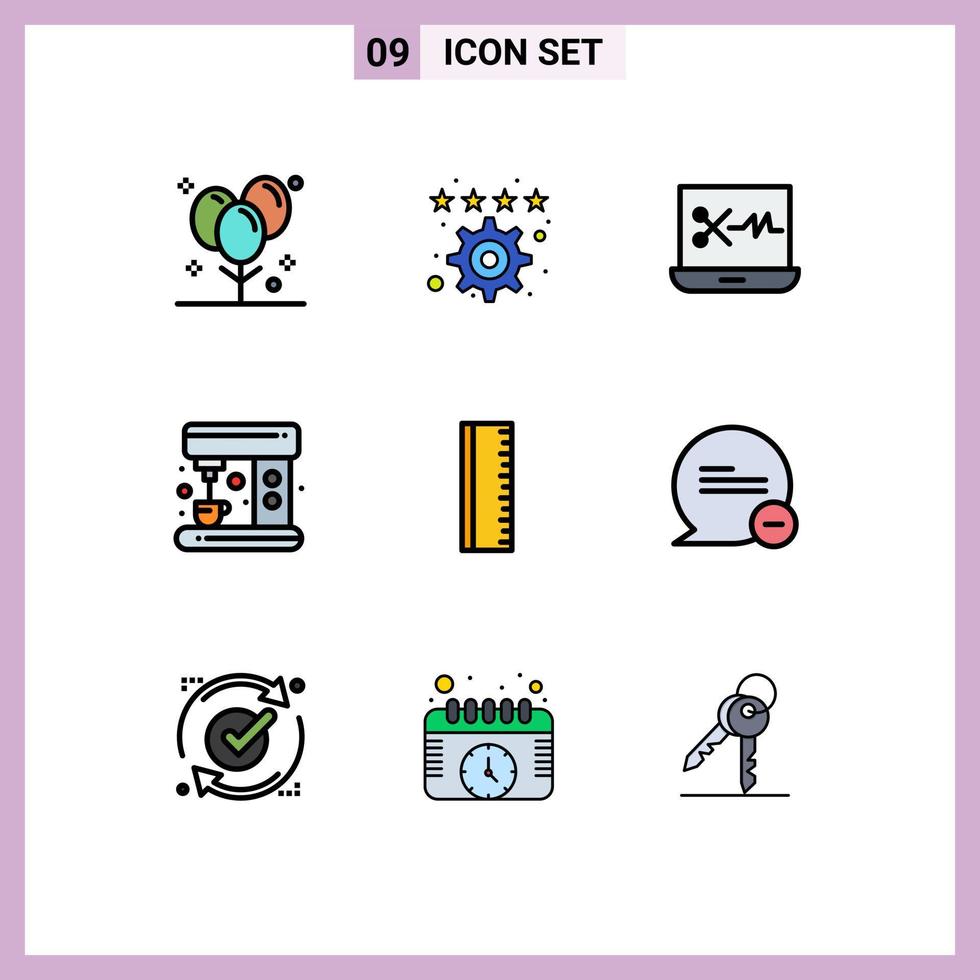 pacote de interface de usuário de 9 cores planas básicas de linhas preenchidas de elementos de design de vetores editáveis de café para fabricantes de configurações de educação escolar