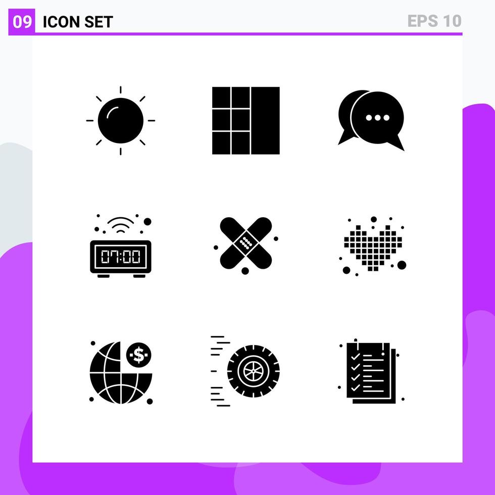 grupo de 9 sinais e símbolos de glifos sólidos para mensagens médicas de competição mesa de bandagem elementos de design de vetores editáveis