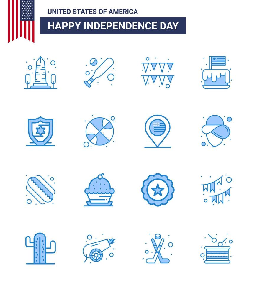 feliz dia da independência 4 de julho conjunto de 16 pictograma americano de blues de proteção bolo de festa do festival dos eua editável elementos de design do vetor do dia dos eua