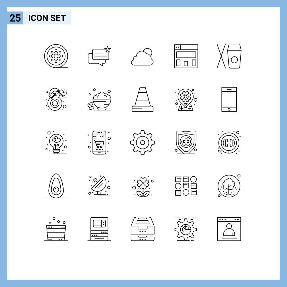 conjunto de pictogramas de 25 linhas simples de layout de loja de caixa de comida elementos de design de vetores editáveis nublados
