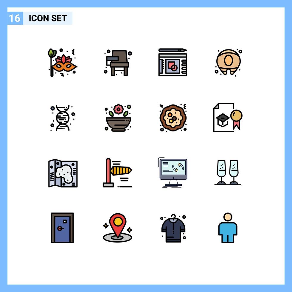 conjunto de linha cheia de cores planas de interface móvel de 16 pictogramas de química, aprendizagem de comida, apresentação de verão, elementos de design de vetores criativos editáveis