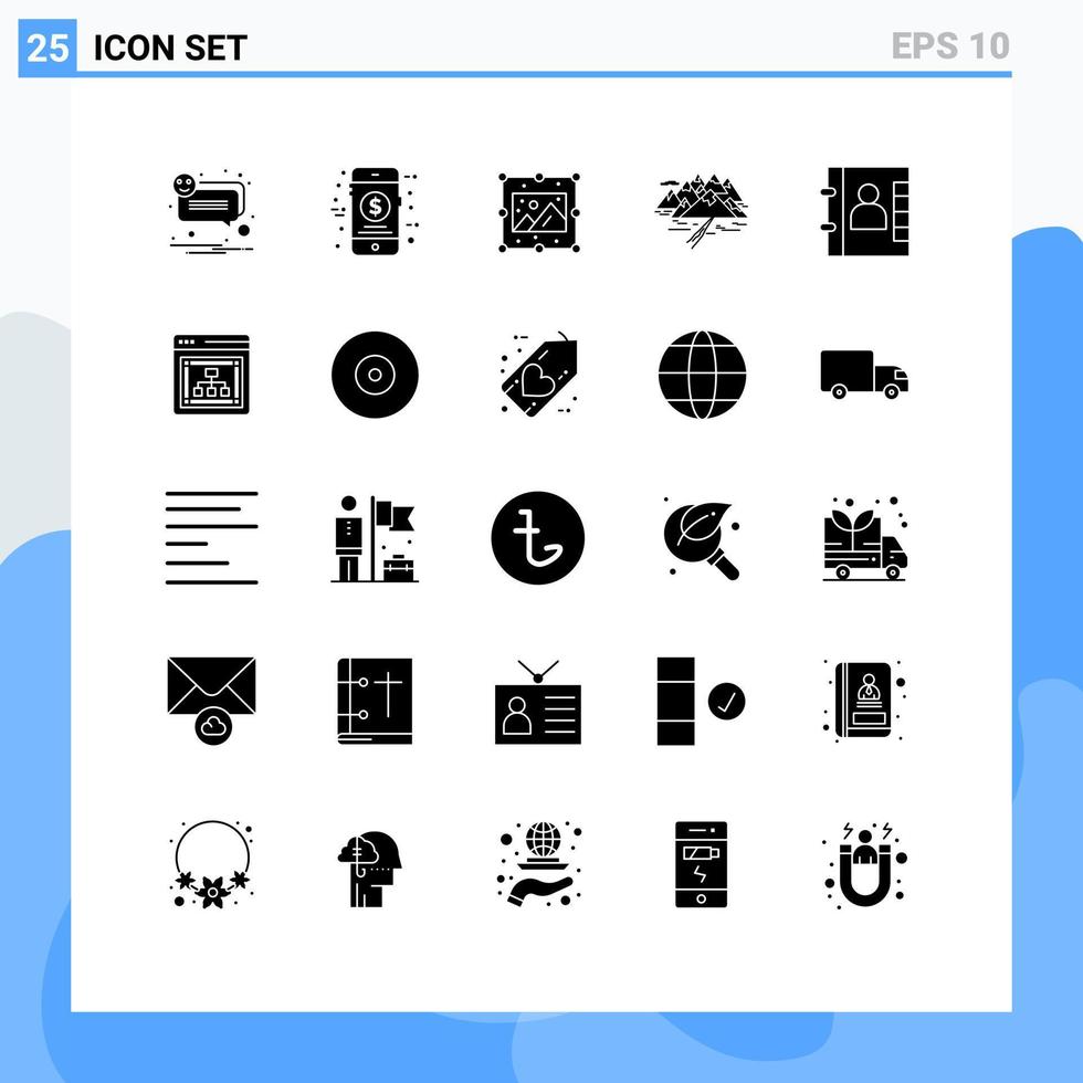 conjunto de 25 sinais de símbolos de ícones de interface do usuário modernos para rochas de livro paisagem criativa montanha elementos de design de vetores editáveis