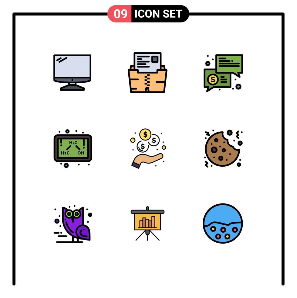 9 interface do usuário pacote de cores planas de linha cheia de sinais e símbolos modernos de comunicação de arquivos de química de fórmulas elementos de design de vetores editáveis