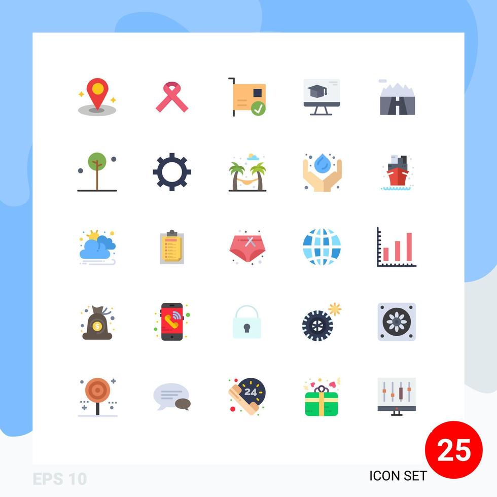pacote de cores planas de 25 símbolos universais de paisagem de cenário conectado boné de formatura elementos de design de vetores editáveis