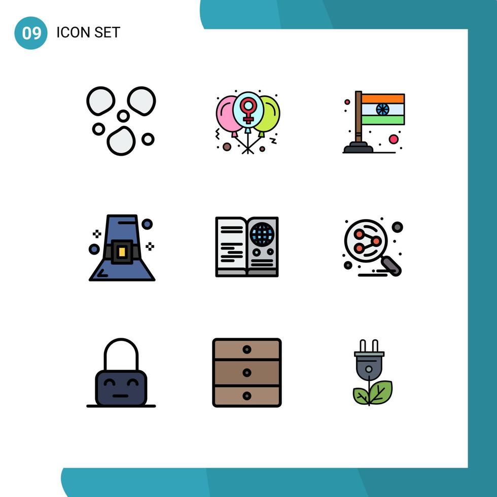 conjunto de 9 sinais de símbolos de ícones de interface do usuário modernos para passaporte de visto país chapéu de ação de graças elementos de design de vetores editáveis