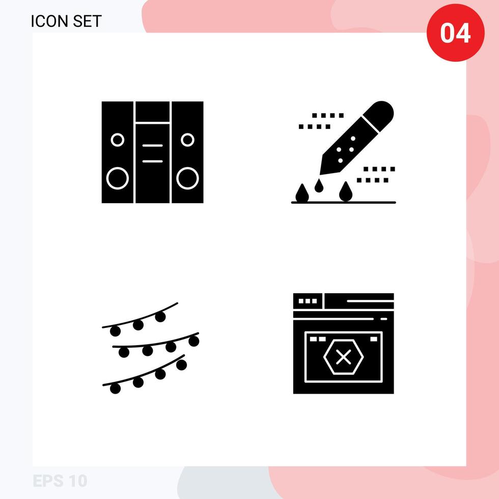 grupo de símbolos de ícone universal de 4 glifos sólidos modernos de luzes de caixa de som, pipeta de teste químico, conta-gotas, elementos de design de vetores editáveis