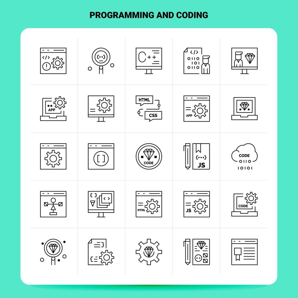 esboço 25 conjunto de ícones de programação e codificação vetor design de estilo de linha ícones pretos conjunto de pictograma linear pacote de ideias de negócios móveis e web design ilustração vetorial