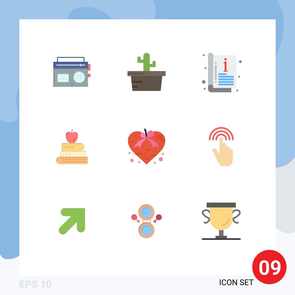 pacote de 9 sinais e símbolos modernos de cores planas para mídia impressa na web, como fita, catálogo de coração, educação, caneta, elementos de design vetorial editáveis vetor