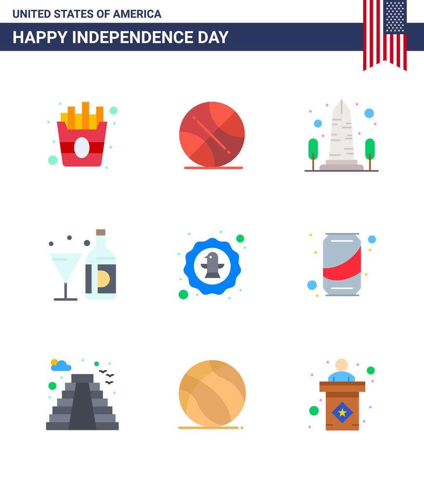 conjunto de 9 ícones do dia dos eua símbolos americanos sinais do dia da independência para monumento de garrafa americana bebida americana editável dia dos eua vetor elementos de design