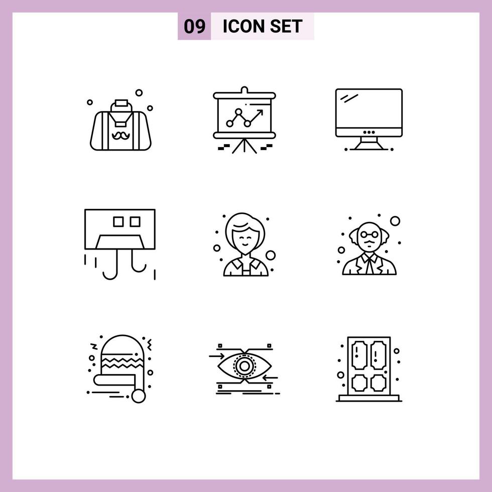 pacote de 9 sinais e símbolos de contornos modernos para mídia de impressão na web, como dispositivos, projetor, condição, elementos de design de vetores editáveis imac