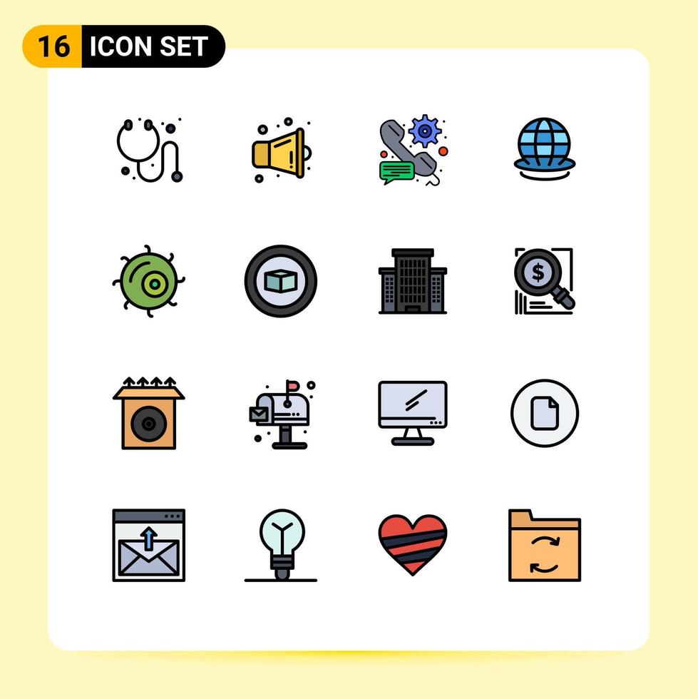 pacote de interface do usuário de 16 linhas básicas preenchidas com cores planas de preferência de célula vegetal mundo globo elementos de design de vetores criativos editáveis
