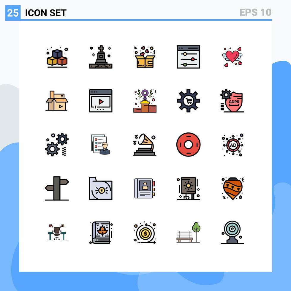 25 símbolos de sinais de cor plana de linha preenchida universal de interface de usuário de caixa de amor de coração elementos de design de vetores editáveis