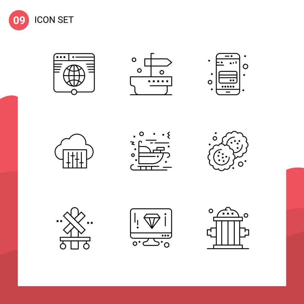 pacote de 9 sinais e símbolos de contornos modernos para mídia impressa na web, como elementos de design de vetores editáveis de nuvem de música de cartão de áudio de natal