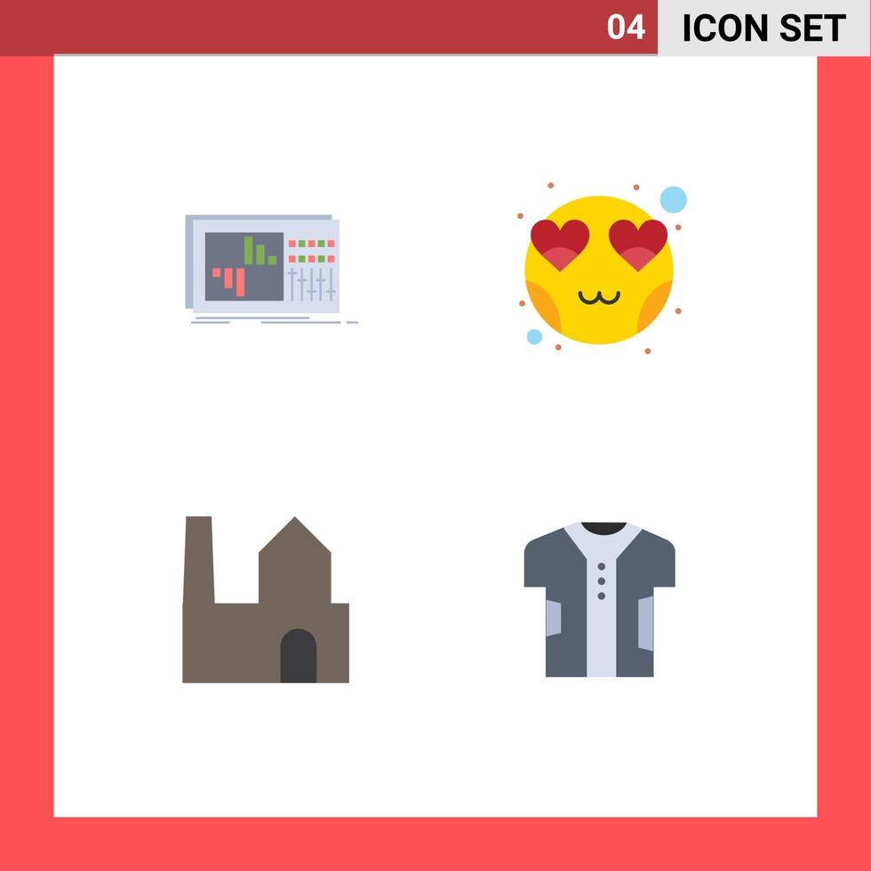 pacote de linha vetorial editável de 4 ícones planos simples de controle fábrica som coração planta industrial elementos de design vetorial editável vetor