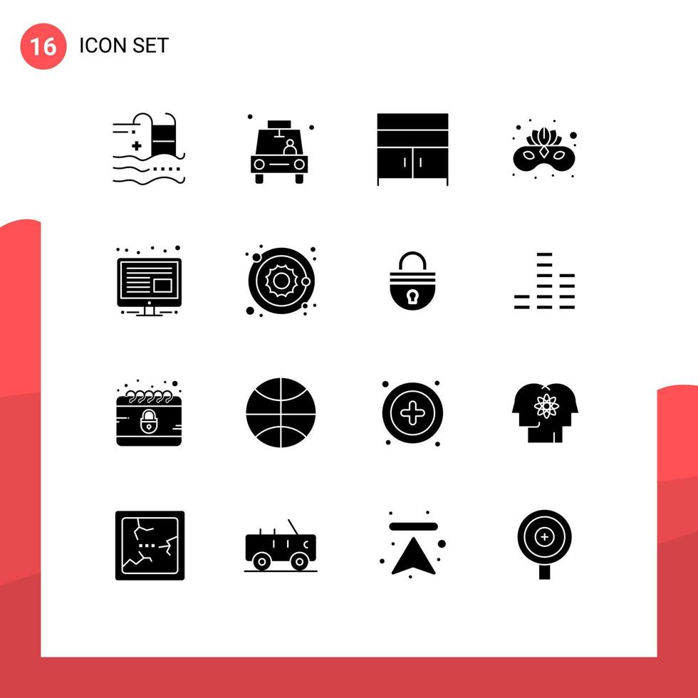 16 interface do usuário pacote de glifos sólidos de sinais e símbolos modernos de pinos de fantasia de máscara facial móveis de carnaval elementos de design de vetores editáveis