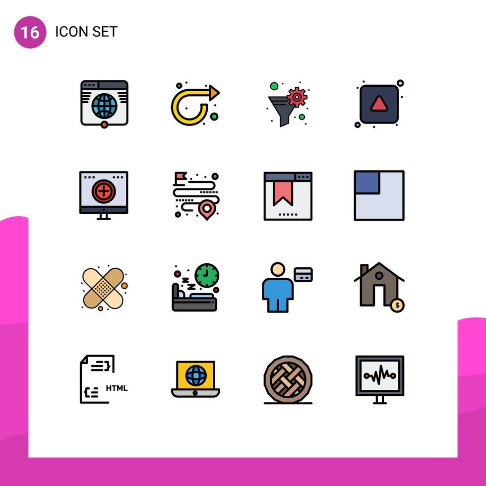 16 conceito de linha cheia de cores planas para sites móveis e aplicativos cuidados direção seta para a direita filtro de engrenagem editável elementos de design de vetor criativo