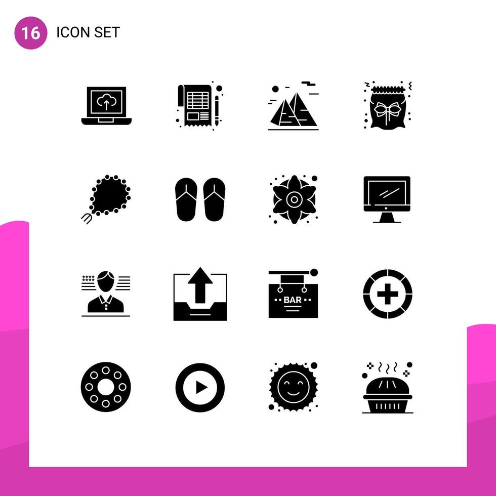 pacote de 16 sinais e símbolos de glifos sólidos modernos para mídia impressa na web, como misbaha, doces de montanha de natal, viagens, elementos de design de vetores editáveis