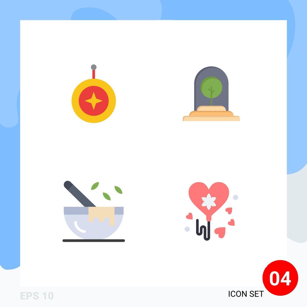 pacote de linha vetorial editável de 4 ícones planos simples de crachá nova planta de escudo cozinhando elementos de design vetorial editável vetor