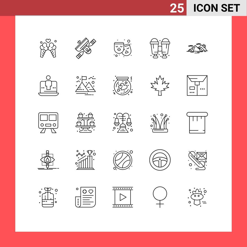 pacote de interface do usuário de 25 linhas básicas de elementos de design de vetor editável de filme de acampamento de transmissor de viagem de colina