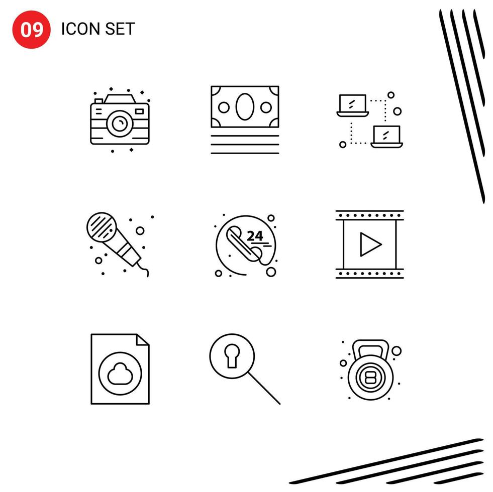 pacote de interface do usuário de 9 contornos básicos de comunicação a qualquer hora, microfone de computação, áudio, elementos de design de vetores editáveis