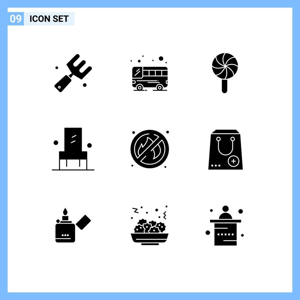 conjunto de 9 sinais de símbolos de ícones de interface do usuário modernos para lugar, festival de fogo, assento, móveis, elementos de design de vetores editáveis