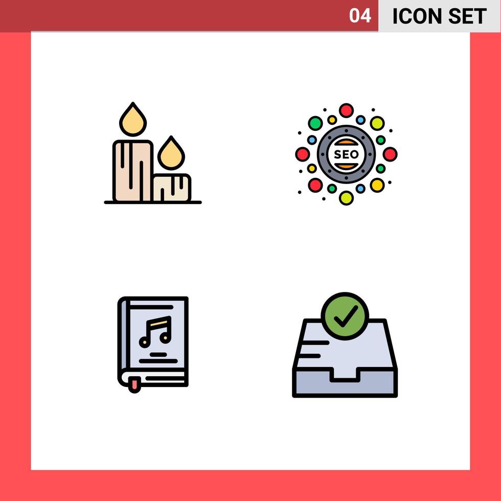 pacote de 4 sinais e símbolos modernos de cores planas de linha preenchida para mídia impressa na web, como livro de velas natureza seo música editável elementos de design vetorial vetor