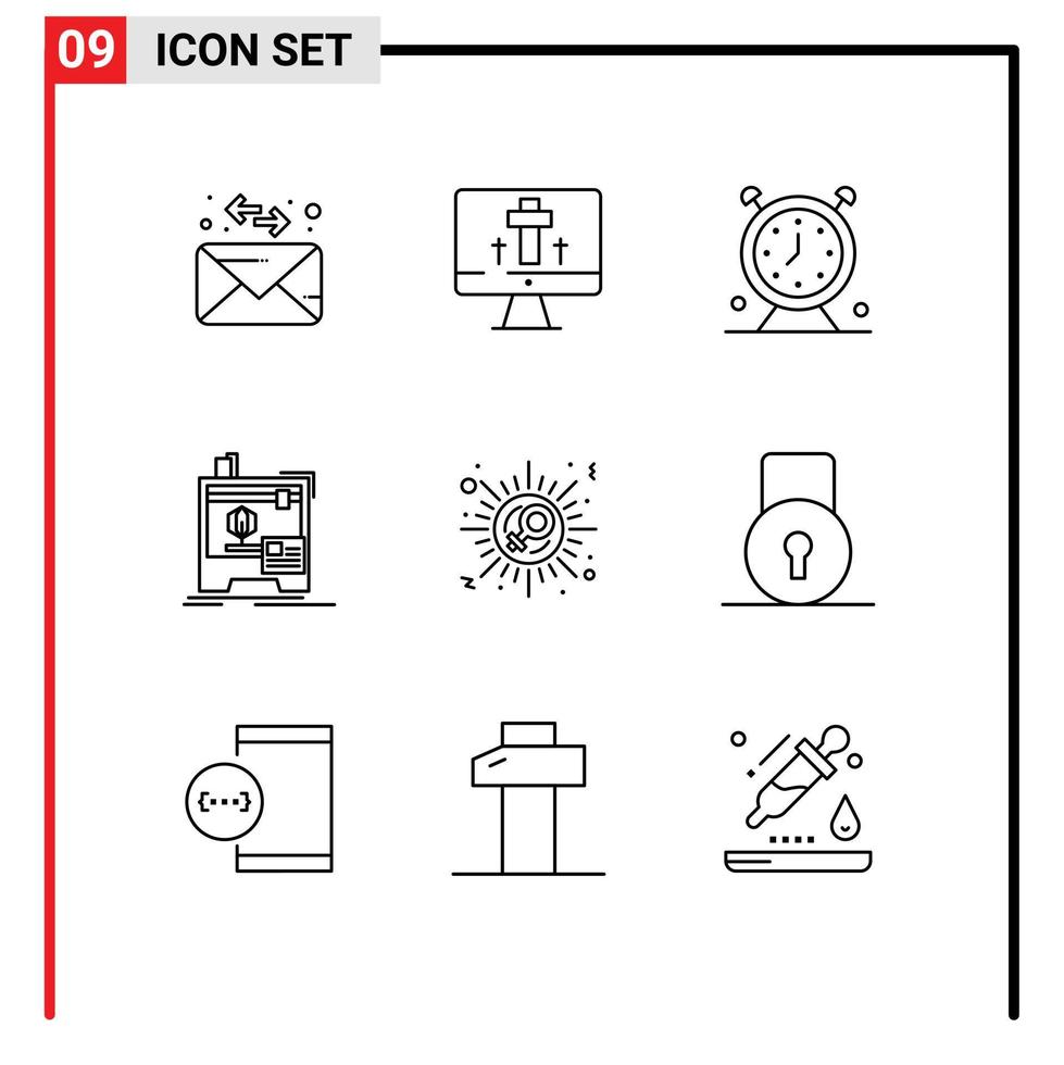 conjunto de pictogramas de 9 contornos simples de impressão de sinal, impressora de relógio, elementos de design de vetores editáveis dimensionais