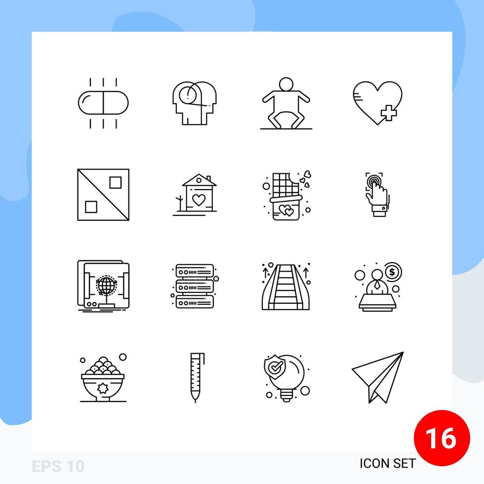 conjunto moderno de pictograma de 16 contornos de elementos de design de vetores editáveis de coração de design humano de linha de casa