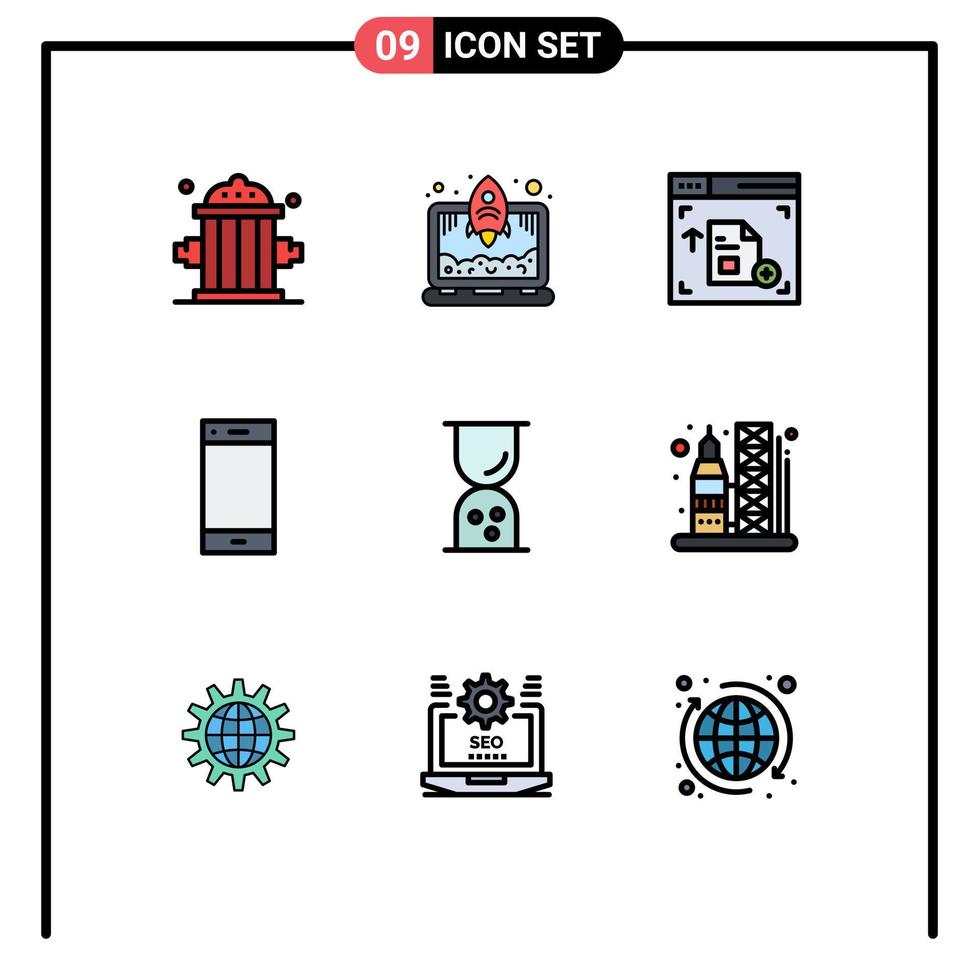 grupo de 9 sinais e símbolos de cores planas de linha preenchida para elementos de design de vetores editáveis de telefone inteligente de negócios na web