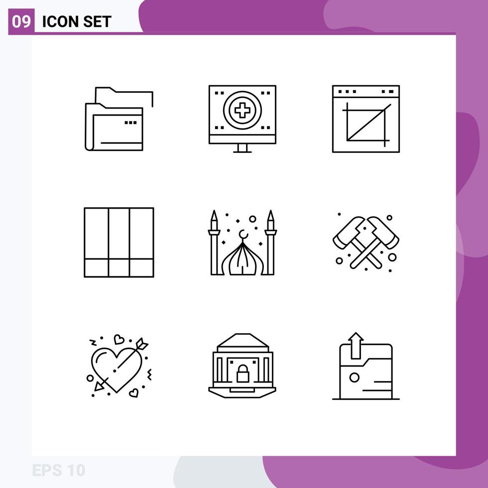 9 ícones criativos, sinais modernos e símbolos de linhas, layout de grade, monitor, grade, web, elementos de design de vetores editáveis