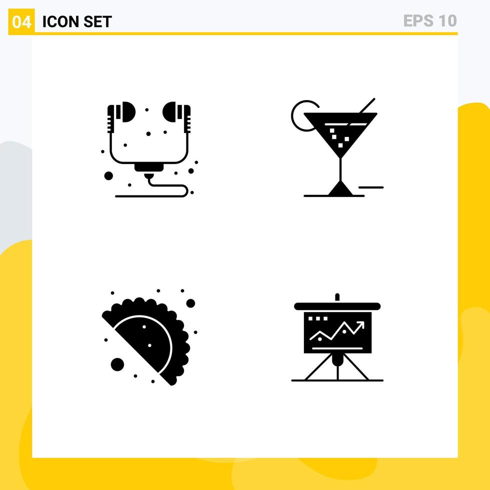 conjunto de pictogramas de 4 glifos sólidos simples de gráfico de bebida de fone de ouvido de computador gujjia elementos de design de vetores editáveis