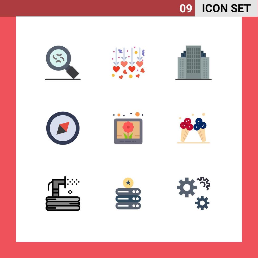 conjunto de pictogramas de 9 cores planas simples de imagem de sorvete de construção de gelo americana elementos de design de vetores editáveis