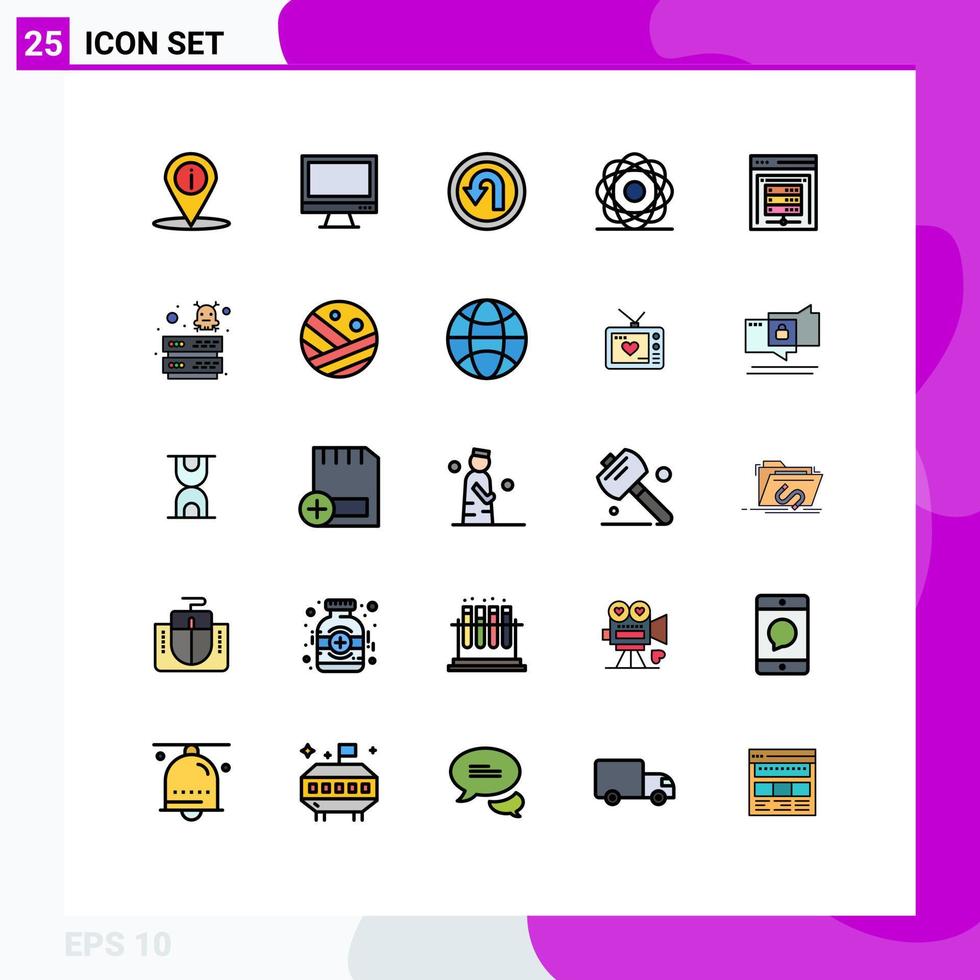 25 interface do usuário linha cheia pacote de cores planas de sinais modernos e símbolos da física molécula pc molecular maneira elementos de design vetorial editáveis vetor