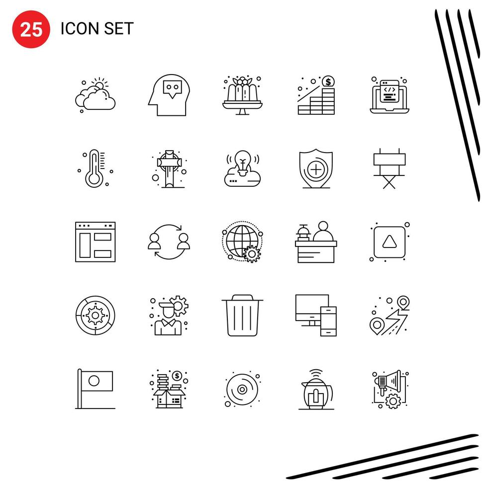 conjunto de pictogramas de 25 linhas simples de codificação html, codificação de sobremesa, dinheiro, aumento de elementos de design de vetores editáveis