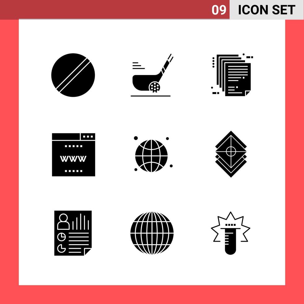 9 símbolos de glifo de estilo sólido do pacote de ícones em sinais simples de fundo branco para design geral vetor