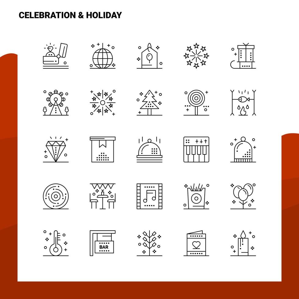 conjunto de ícone de linha de férias de celebração conjunto 25 ícones vetor design de estilo minimalista ícones pretos conjunto de pictograma linear pacote